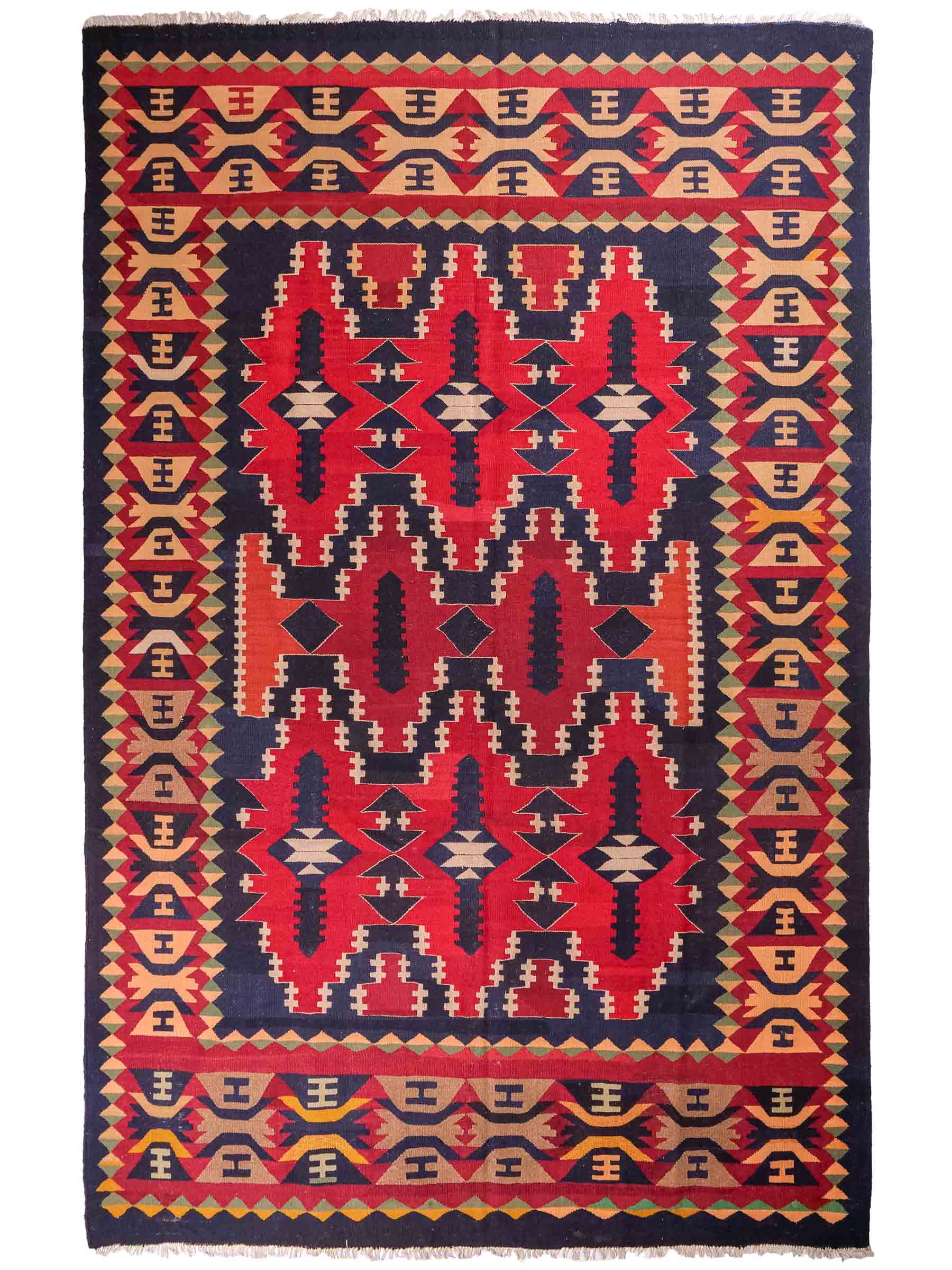 Handgefertigter Kelim Afghan Teppich aus Wolle von Khademi. Größe 298 x 191 cm. Farbe: Blau, rot. Verkauf durch JUPITER Intl.