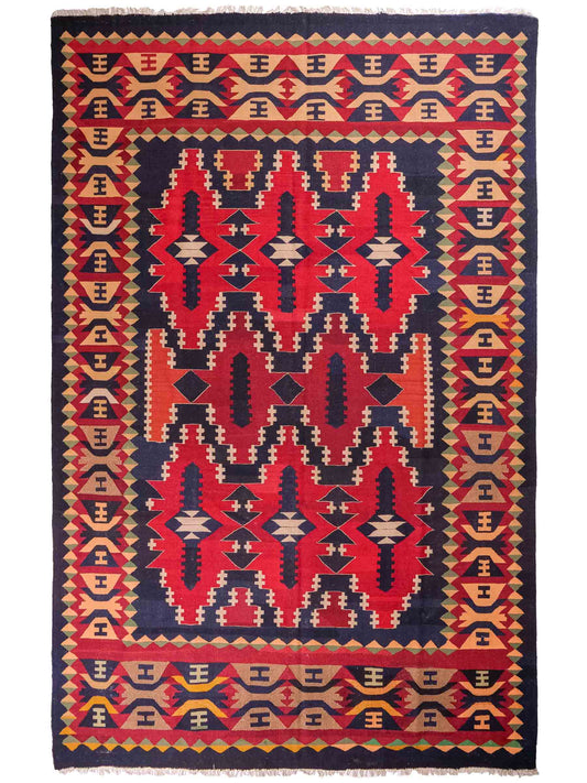 Handgefertigter Kelim Afghan Teppich aus Wolle von Khademi. Größe 298 x 191 cm. Farbe: Blau, rot. Verkauf durch JUPITER Intl.