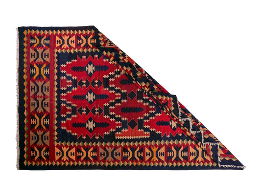 Handgefertigter Kelim Afghan Teppich aus Wolle von Khademi. Größe 298 x 191 cm. Farbe: Blau, rot. Verkauf durch JUPITER Intl.