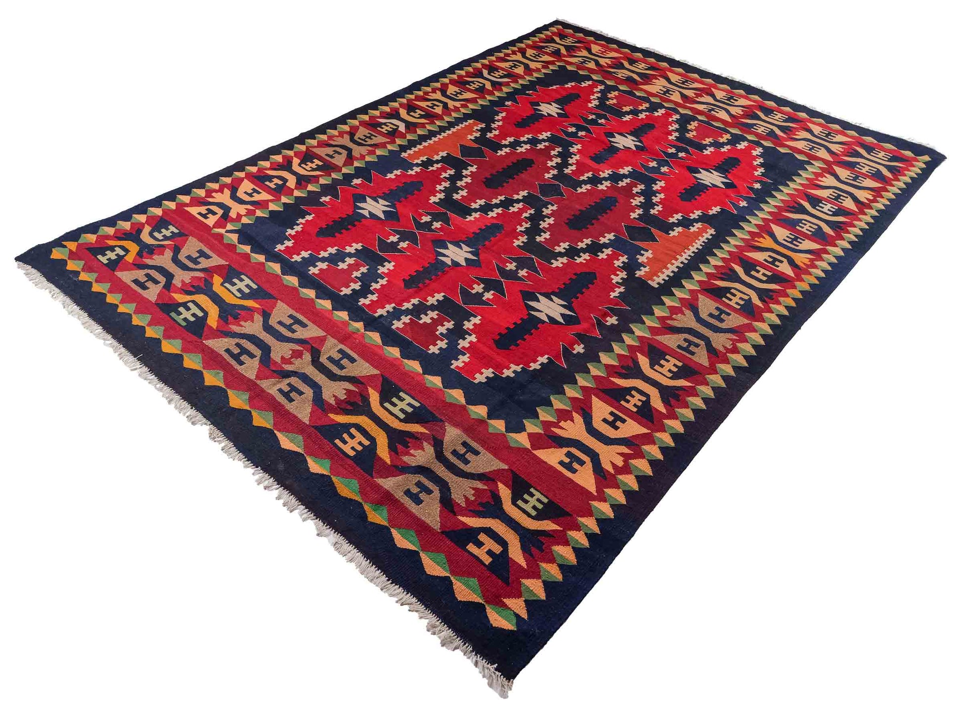 Handgefertigter Kelim Afghan Teppich aus Wolle von Khademi. Größe 298 x 191 cm. Farbe: Blau, rot. Verkauf durch JUPITER Intl.