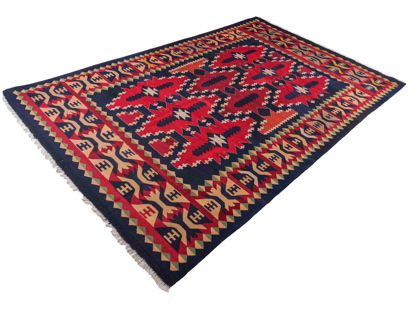 Handgefertigter Kelim Afghan Teppich aus Wolle von Khademi. Größe 298 x 191 cm. Farbe: Blau, rot. Verkauf durch JUPITER Intl.