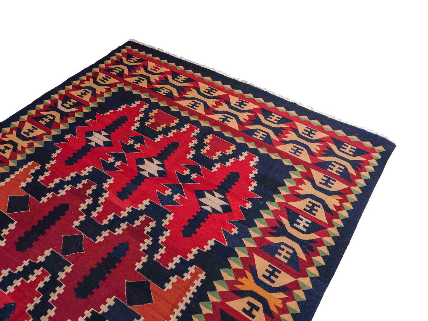 Handgefertigter Kelim Afghan Teppich aus Wolle von Khademi. Größe 298 x 191 cm. Farbe: Blau, rot. Verkauf durch JUPITER Intl.