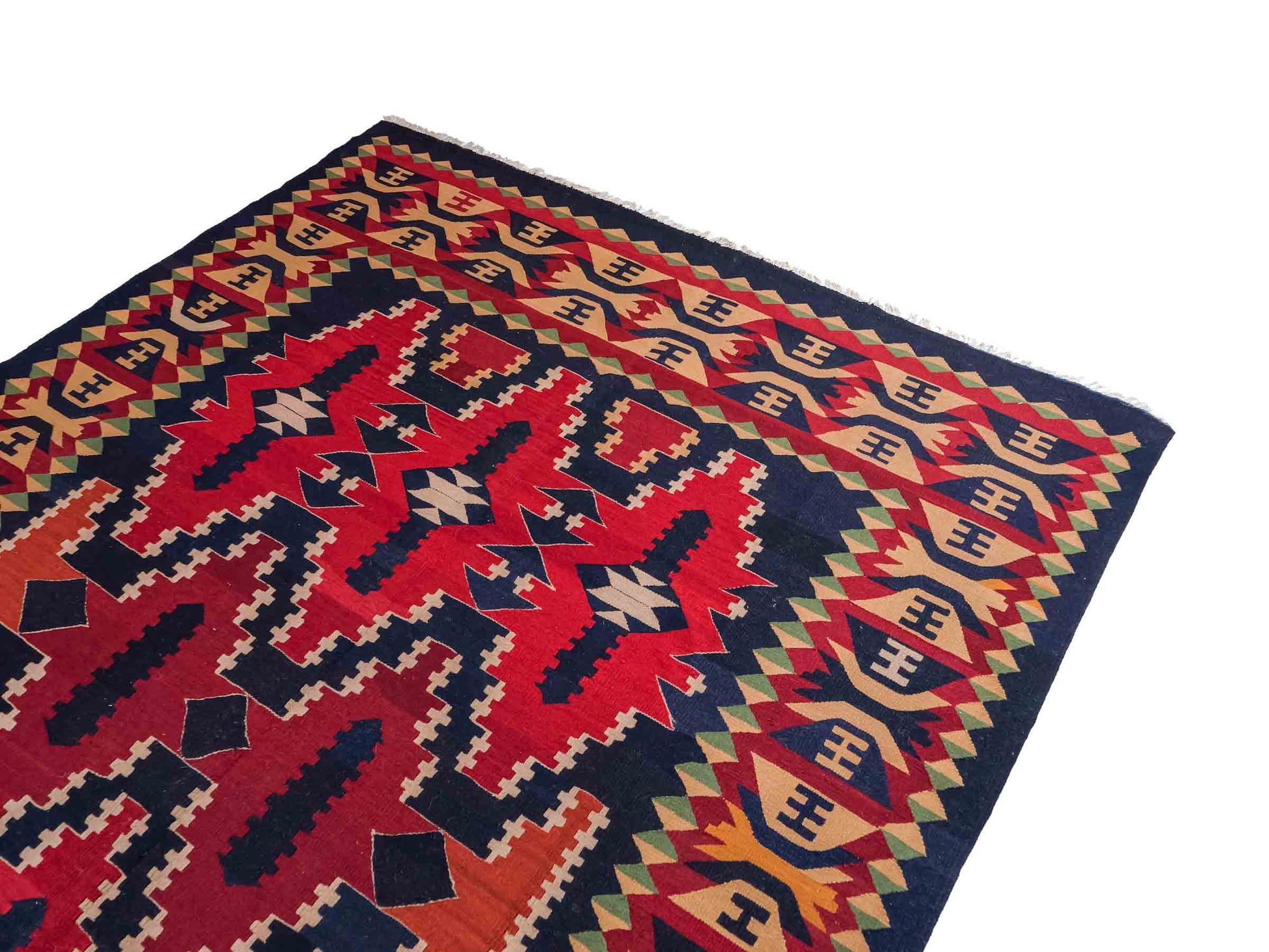 Handgefertigter Kelim Afghan Teppich aus Wolle von Khademi. Größe 298 x 191 cm. Farbe: Blau, rot. Verkauf durch JUPITER Intl.