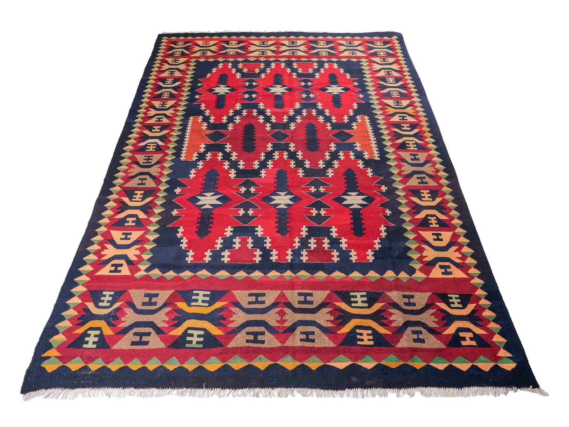 Handgefertigter Kelim Afghan Teppich aus Wolle von Khademi. Größe 298 x 191 cm. Farbe: Blau, rot. Verkauf durch JUPITER Intl.