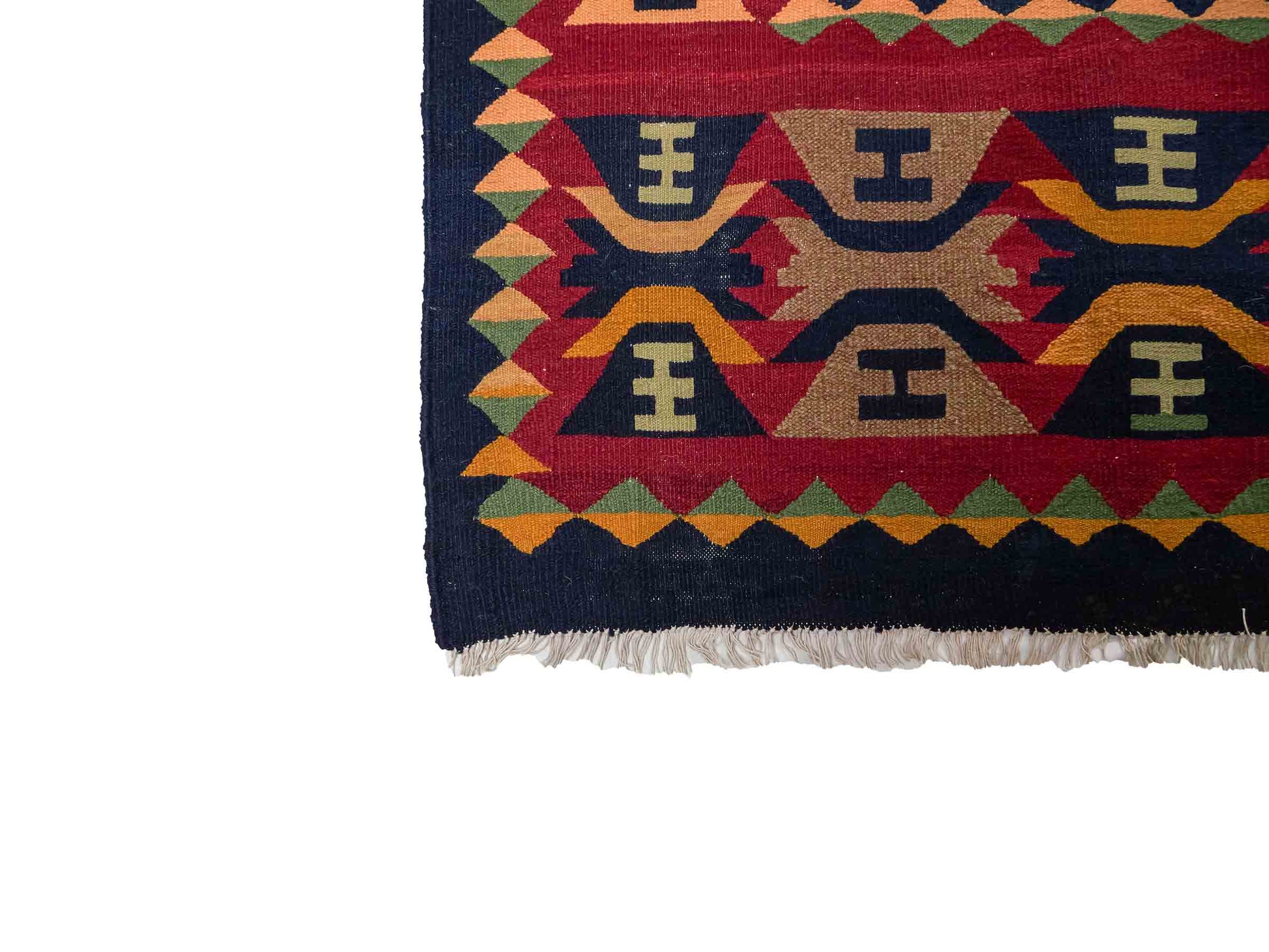 Handgefertigter Kelim Afghan Teppich aus Wolle von Khademi. Größe 298 x 191 cm. Farbe: Blau, rot. Verkauf durch JUPITER Intl.
