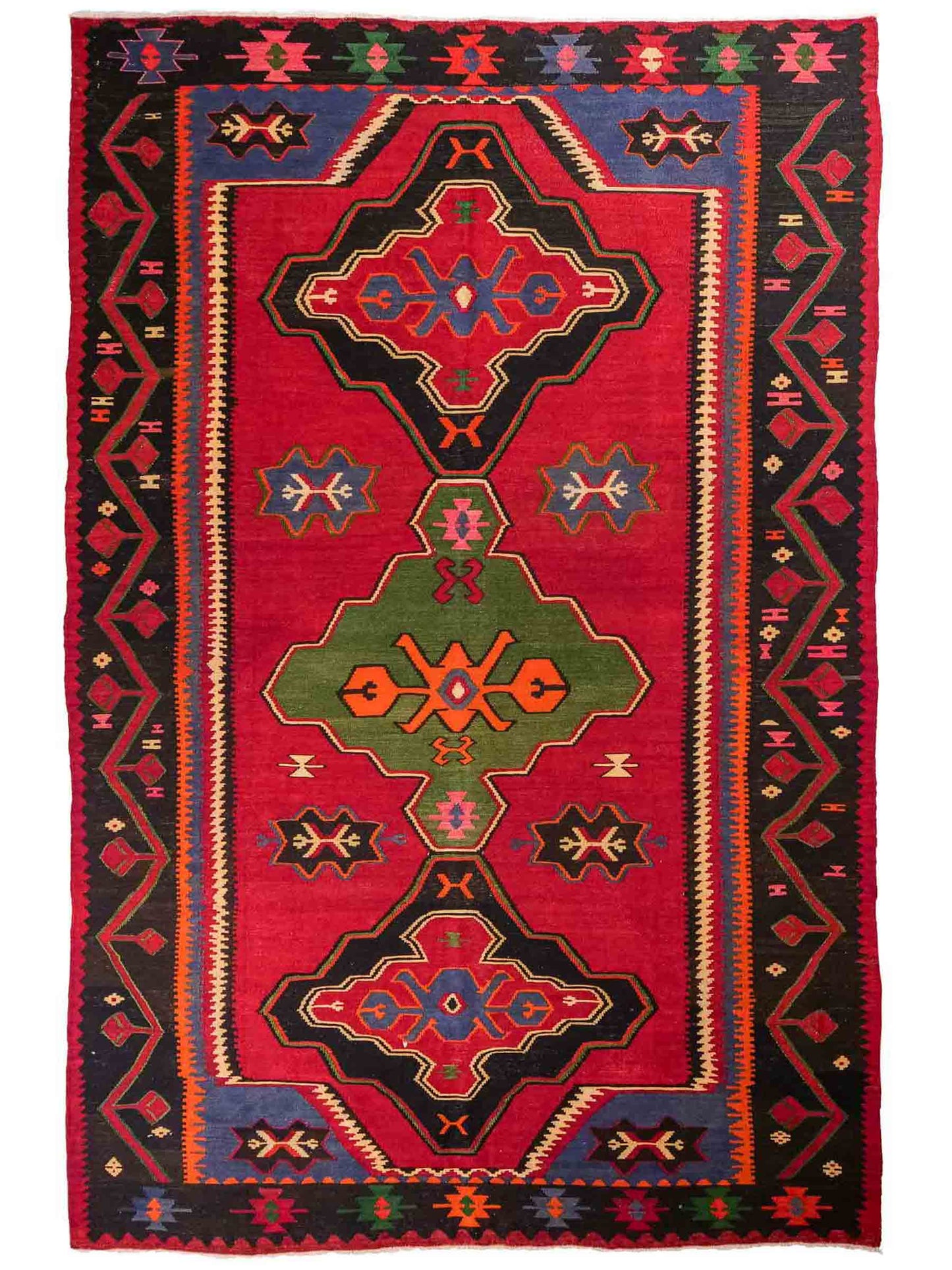 Handgewebter Kelim Afghan Teppich aus Wolle von Khademi. Größe 301 x 160 cm. Farbe: Rot, schwarz, blau, grün. Verkauf durch JUPITER Intl.
