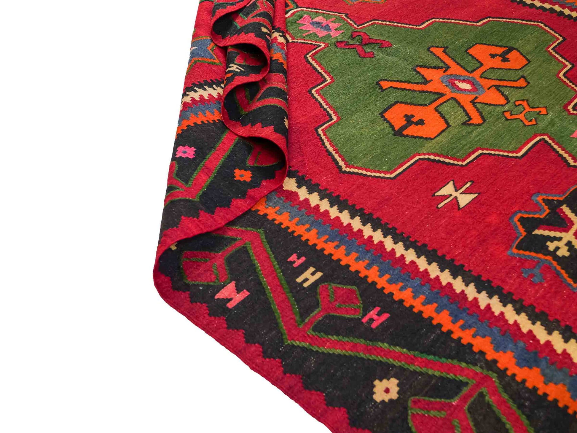 Handgewebter Kelim Afghan Teppich aus Wolle von Khademi. Größe 301 x 160 cm. Farbe: Rot, schwarz, blau, grün. Verkauf durch JUPITER Intl.