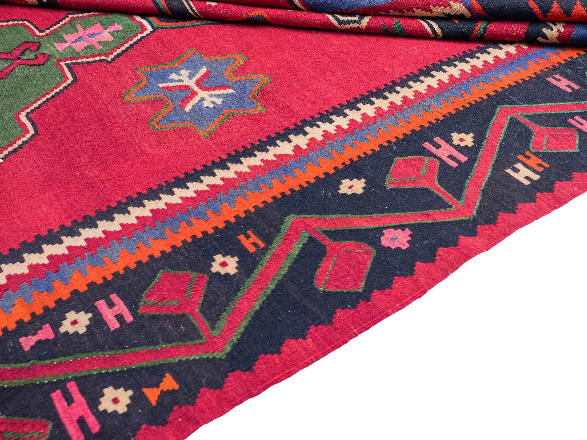 Handgewebter Kelim Afghan Teppich aus Wolle von Khademi. Größe 301 x 160 cm. Farbe: Rot, schwarz, blau, grün. Verkauf durch JUPITER Intl.
