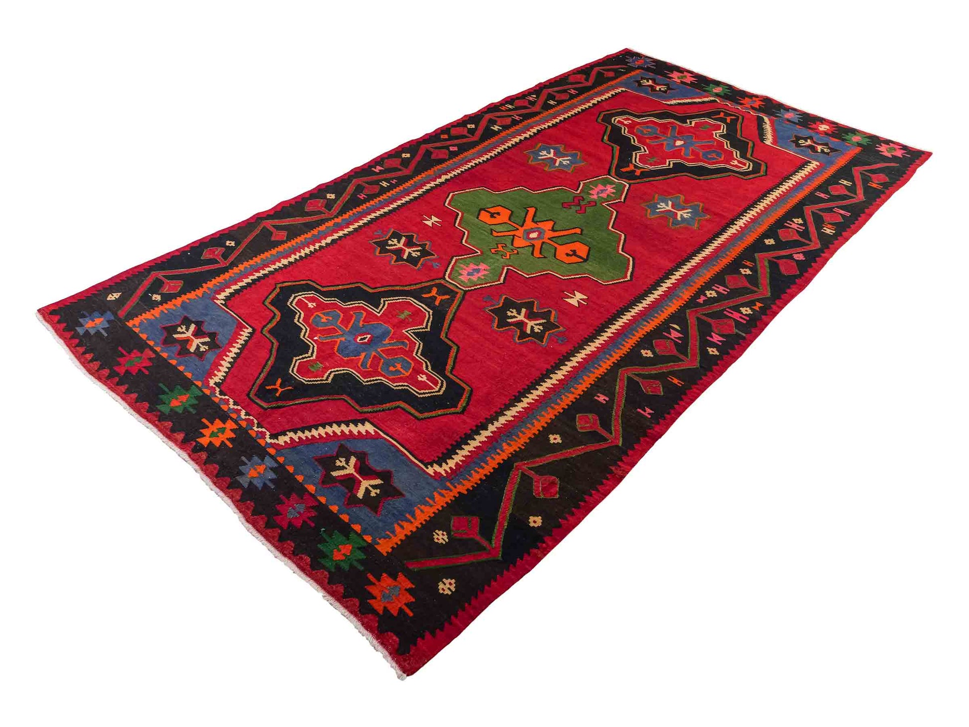 Handgewebter Kelim Afghan Teppich aus Wolle von Khademi. Größe 301 x 160 cm. Farbe: Rot, schwarz, blau, grün. Verkauf durch JUPITER Intl.