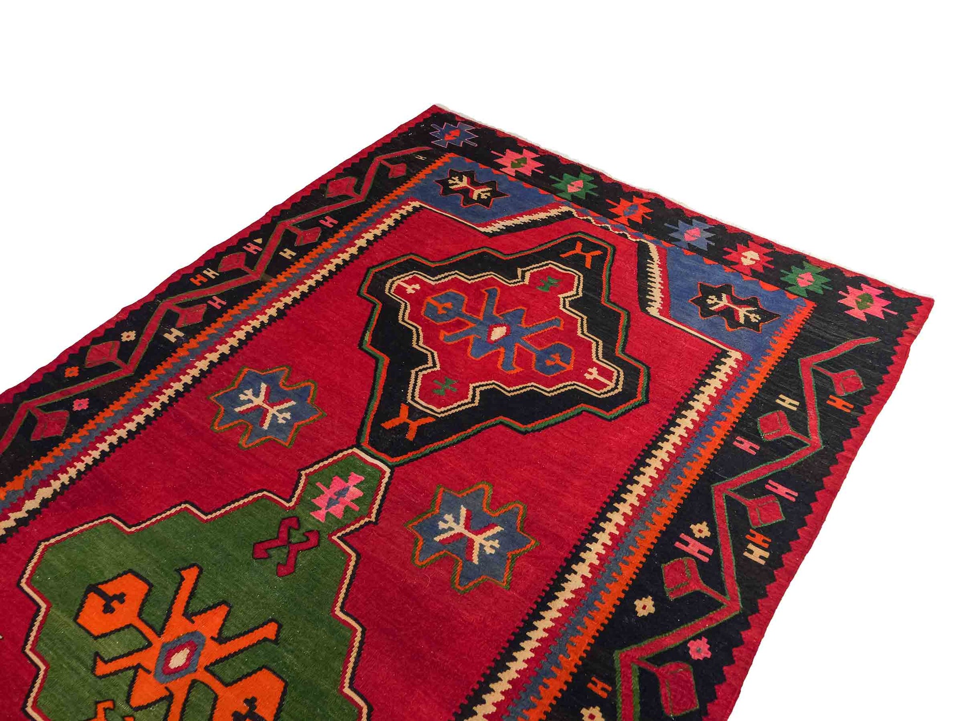 Handgewebter Kelim Afghan Teppich aus Wolle von Khademi. Größe 301 x 160 cm. Farbe: Rot, schwarz, blau, grün. Verkauf durch JUPITER Intl.