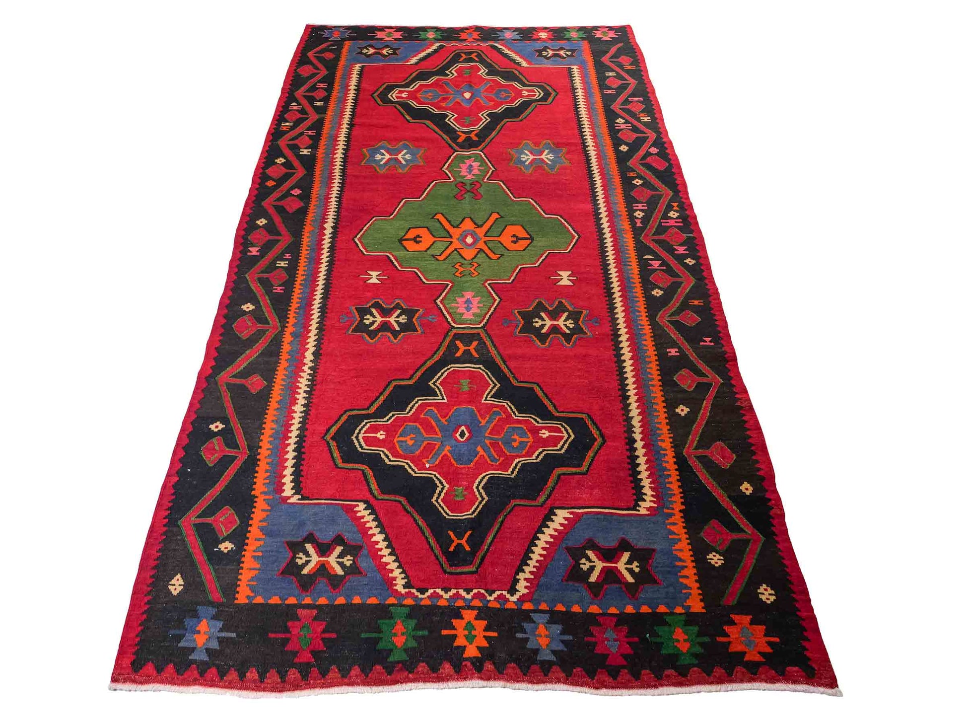 Handgewebter Kelim Afghan Teppich aus Wolle von Khademi. Größe 301 x 160 cm. Farbe: Rot, schwarz, blau, grün. Verkauf durch JUPITER Intl.