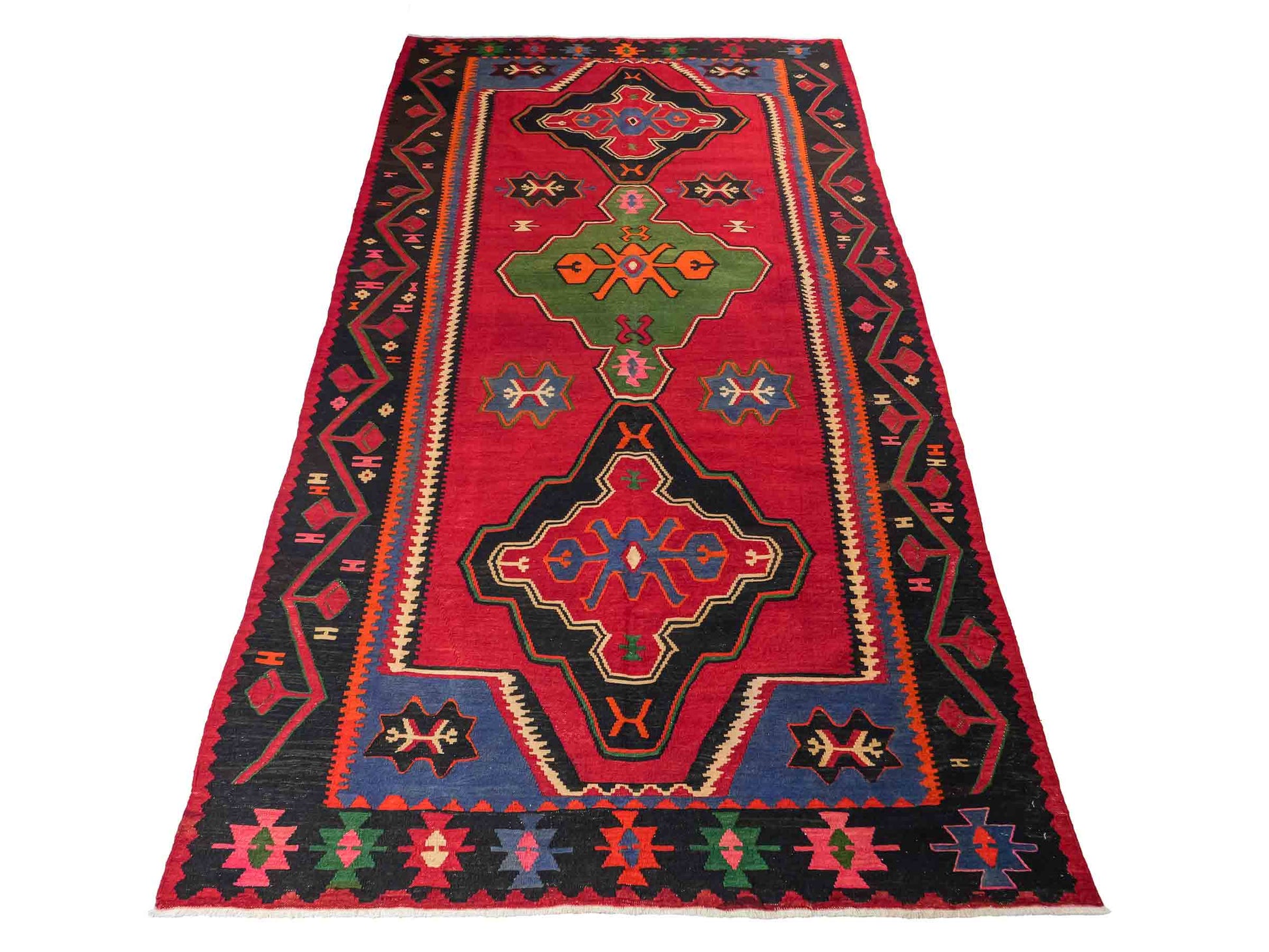 Handgewebter Kelim Afghan Teppich aus Wolle von Khademi. Größe 301 x 160 cm. Farbe: Rot, schwarz, blau, grün. Verkauf durch JUPITER Intl.