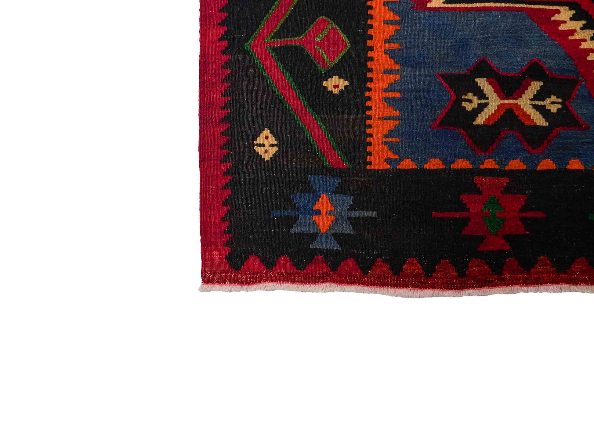 Handgewebter Kelim Afghan Teppich aus Wolle von Khademi. Größe 301 x 160 cm. Farbe: Rot, schwarz, blau, grün. Verkauf durch JUPITER Intl.