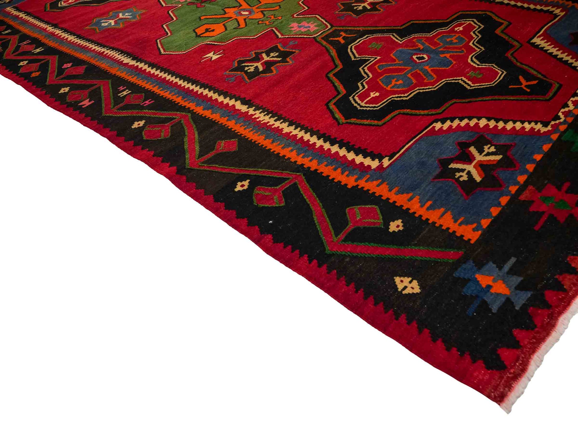 Handgewebter Kelim Afghan Teppich aus Wolle von Khademi. Größe 301 x 160 cm. Farbe: Rot, schwarz, blau, grün. Verkauf durch JUPITER Intl.