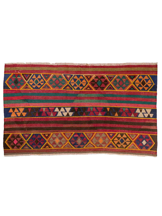 Antiker, handgeknüpfter, kaukasischer Kelim aus Wolle von Khademi. Farbe: Rot, grün, gelb, braun, blau. Größe: 175 x 97 cm. Verkauf durch JUPITER Intl.