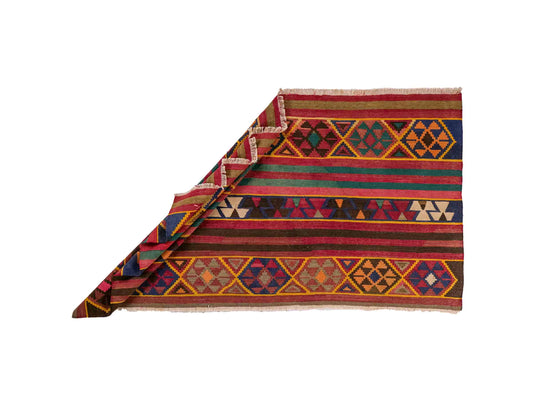 Antiker, handgeknüpfter, kaukasischer Kelim aus Wolle von Khademi. Farbe: Rot, grün, gelb, braun, blau. Größe: 175 x 97 cm. Verkauf durch JUPITER Intl.