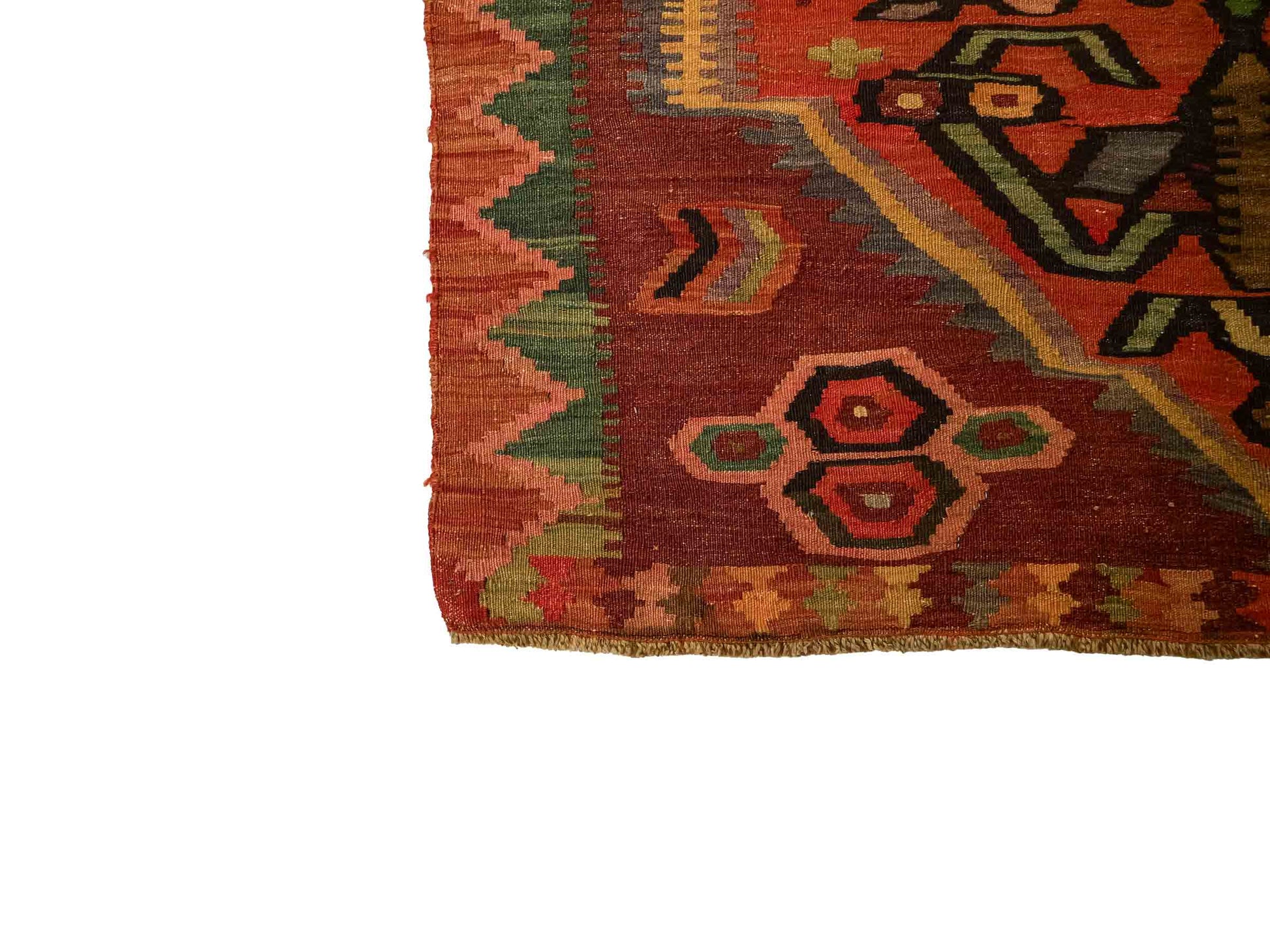 Antiker, handgeknüpfter, kaukasischer Kelim aus Wolle von Khademi. Farbe: Braun, beige, gelb,  orange, grün. Größe: 263 x 126 cm. Verkauf durch JUPITER Intl.