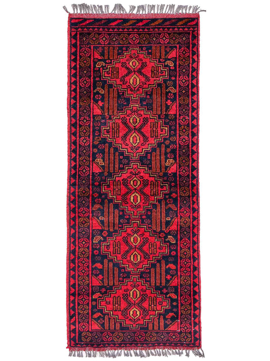 Handgeknüpfter, afghanischer Khal Mohammadi Wollteppich von Khademi. Größe: 140 x 60 cm. Farbe: Rot, blau. Verkauf durch JUPITER Intl.