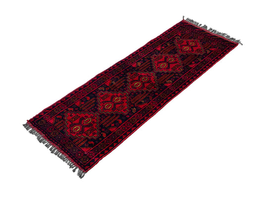 Handgeknüpfter, afghanischer Khal Mohammadi Wollteppich von Khademi. Größe: 140 x 60 cm. Farbe: Rot, blau. Verkauf durch JUPITER Intl.