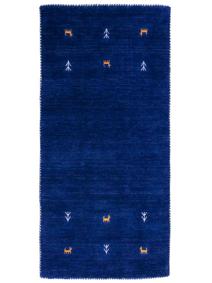 Moderner, Handloom Lori Gabbeh Orientteppich von Khademi aus Wolle, blau. Geometrisches Nomaden-Design. Produziert in Indien. Größe: 144x74cm. Teppichnummer: KB4-1516. Verkauf durch Jupiter Intl.