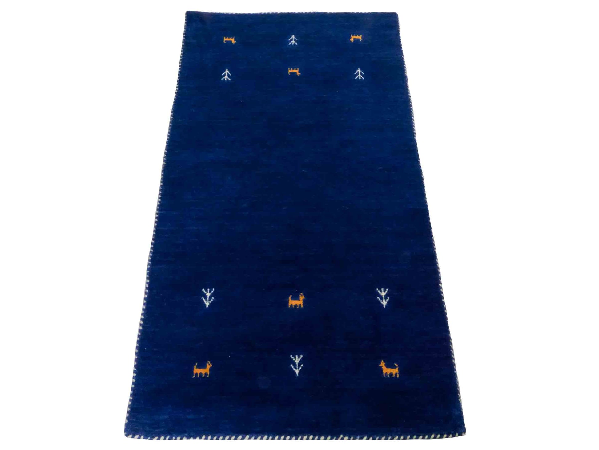 Moderner, Handloom Lori Gabbeh Orientteppich von Khademi aus Wolle, blau. Geometrisches Nomaden-Design. Produziert in Indien. Größe: 144x74cm. Teppichnummer: KB4-1516. Verkauf durch Jupiter Intl.