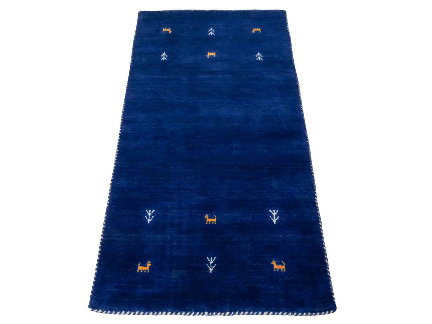 Moderner, Handloom Lori Gabbeh Orientteppich von Khademi aus Wolle, blau. Geometrisches Nomaden-Design. Produziert in Indien. Größe: 144x74cm. Teppichnummer: KB4-1516. Verkauf durch Jupiter Intl.