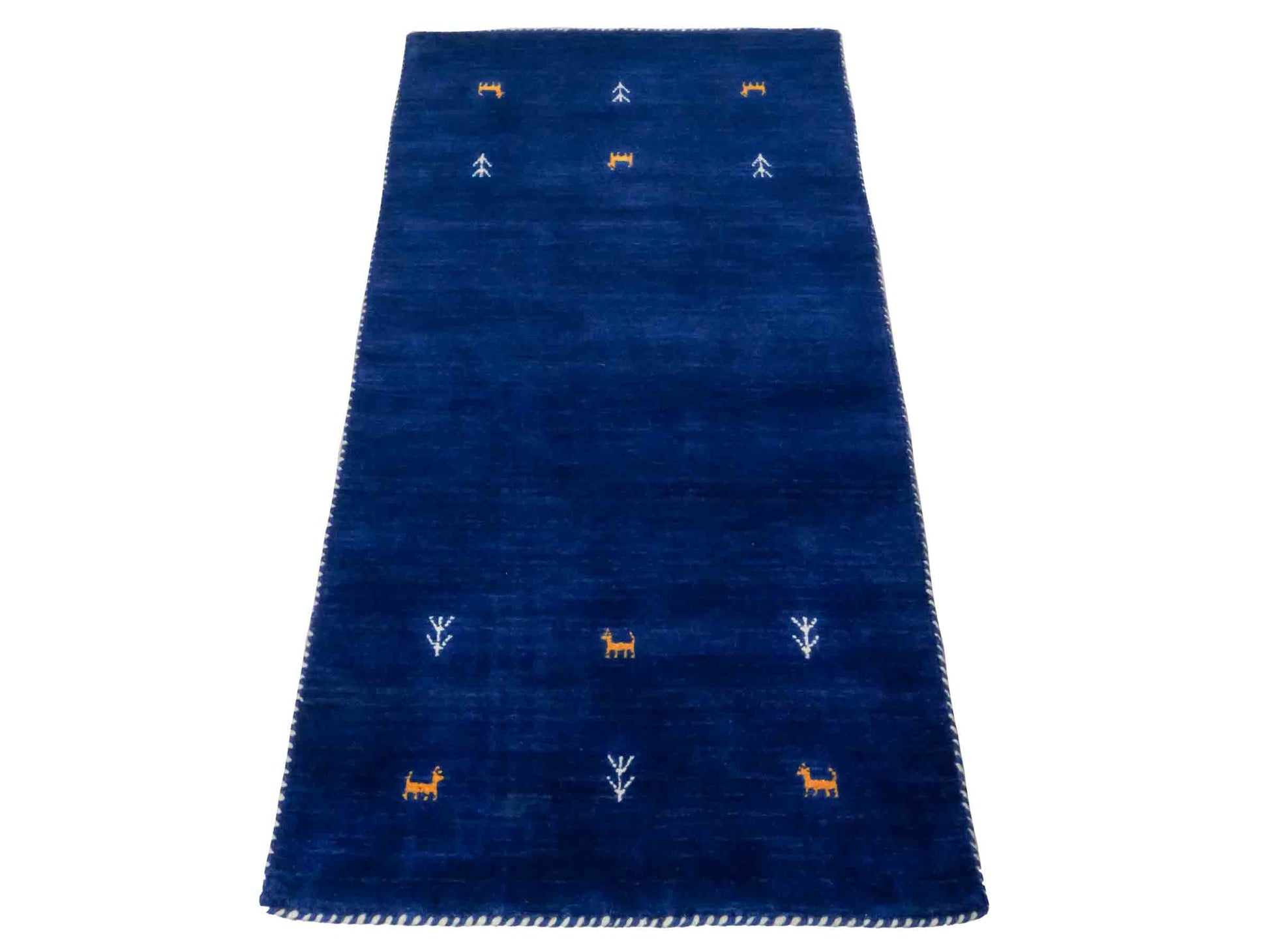 Moderner, Handloom Lori Gabbeh Orientteppich von Khademi aus Wolle, blau. Geometrisches Nomaden-Design. Produziert in Indien. Größe: 144x74cm. Teppichnummer: KB4-1516. Verkauf durch Jupiter Intl.