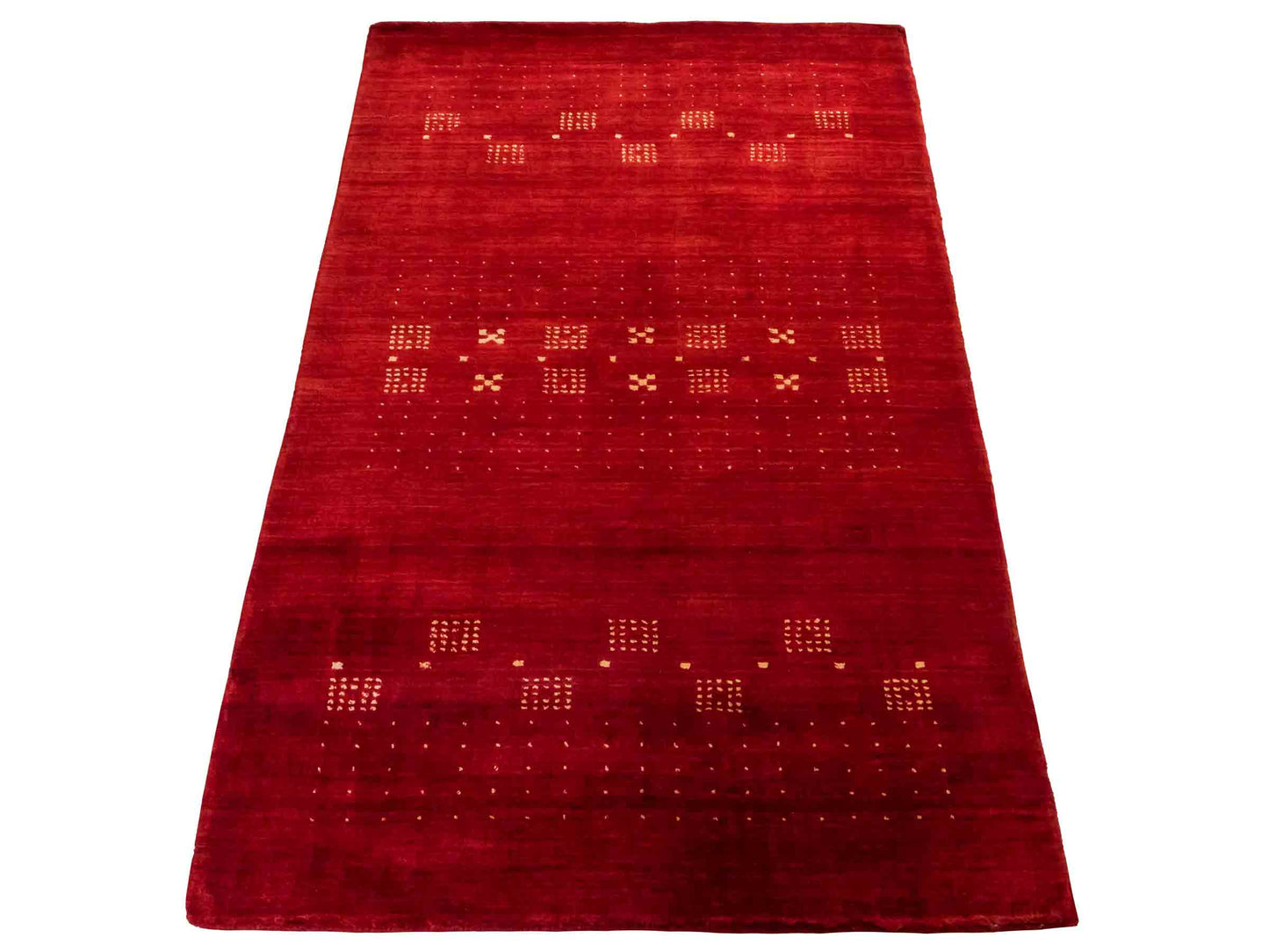 Moderner, Handloom Lori Gabbeh Orientteppich von Khademi aus Wolle, rot. Geometrisches Nomaden-Design. Produziert in Indien. Größe: 145x89cm. Teppichnummer: KB4-1507. Verkauf durch Jupiter Intl.