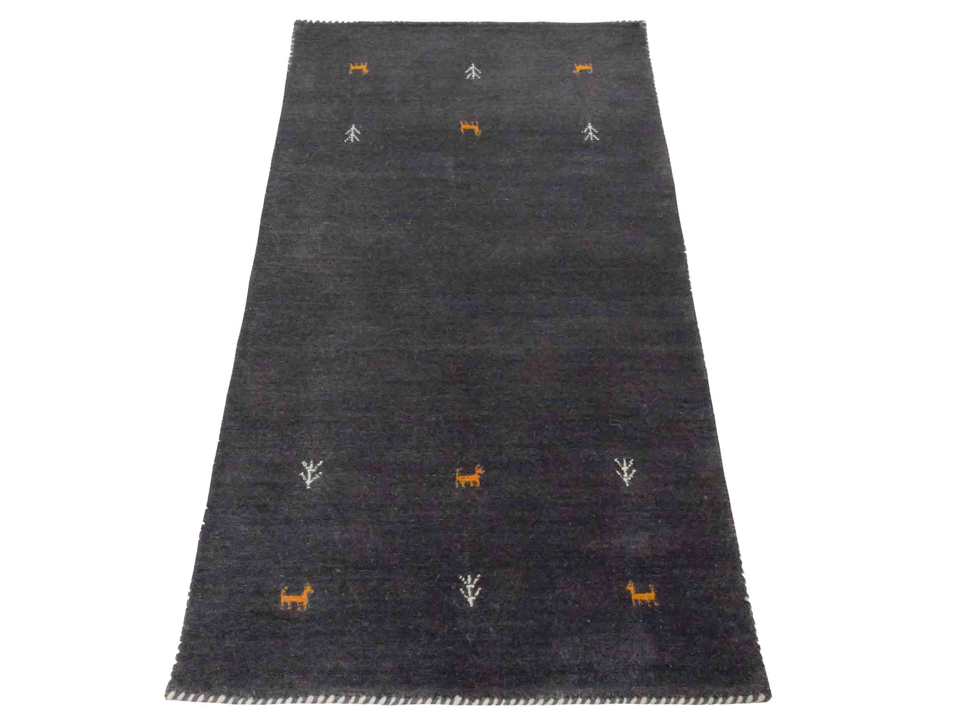 Moderner, Handloom Lori Gabbeh Orientteppich von Khademi aus Wolle, grau. Nomaden-Design. Produziert in Indien. Größe: 146x80cm. Teppichnummer: KB4-1537. Verkauf durch Jupiter Intl.