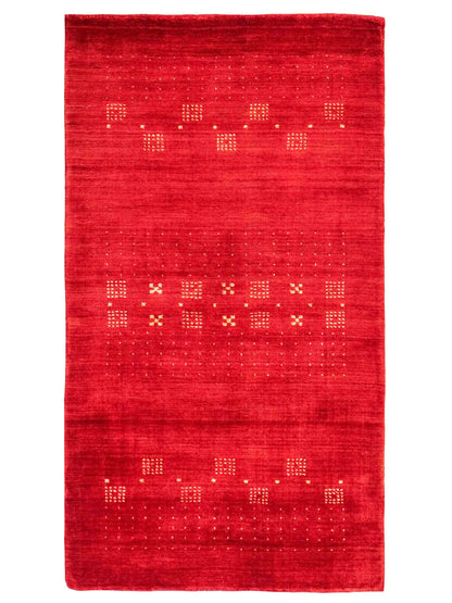 Moderner, Handloom Lori Gabbeh Orientteppich von Khademi aus Wolle, rot. Geometrisches Nomaden-Design. Produziert in Indien. Größe: 147x86cm. Teppichnummer: KB4-1513. Verkauf durch Jupiter Intl.