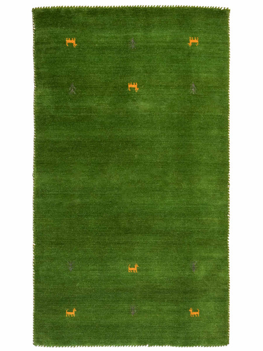 Moderner, Handloom Lori Gabbeh Orientteppich von Khademi aus Wolle, grün. Nomaden-Design. Produziert in Indien. Größe: 149x81cm. Teppichnummer: KB4-1559. Verkauf durch Jupiter Intl.