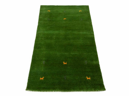 Moderner, Handloom Lori Gabbeh Orientteppich von Khademi aus Wolle, grün. Nomaden-Design. Produziert in Indien. Größe: 149x81cm. Teppichnummer: KB4-1559. Verkauf durch Jupiter Intl.