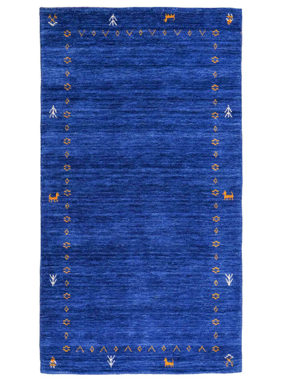 Moderner, Handloom Lori Gabbeh Orientteppich von Khademi aus Wolle, blau. Geometrisches Nomaden-Design. Produziert in Indien. Größe: 150x80cm. Teppichnummer: KB4-1515. Verkauf durch Jupiter Intl.