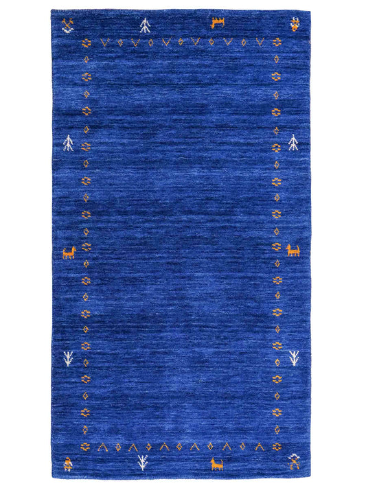 Moderner, Handloom Lori Gabbeh Orientteppich von Khademi aus Wolle, blau. Geometrisches Nomaden-Design. Produziert in Indien. Größe: 150x80cm. Teppichnummer: KB4-1515. Verkauf durch Jupiter Intl.
