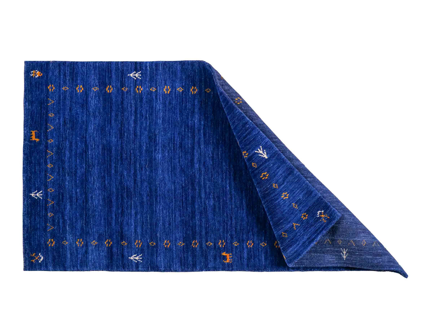 Moderner, Handloom Lori Gabbeh Orientteppich von Khademi aus Wolle, blau. Geometrisches Nomaden-Design. Produziert in Indien. Größe: 150x80cm. Teppichnummer: KB4-1515. Verkauf durch Jupiter Intl.