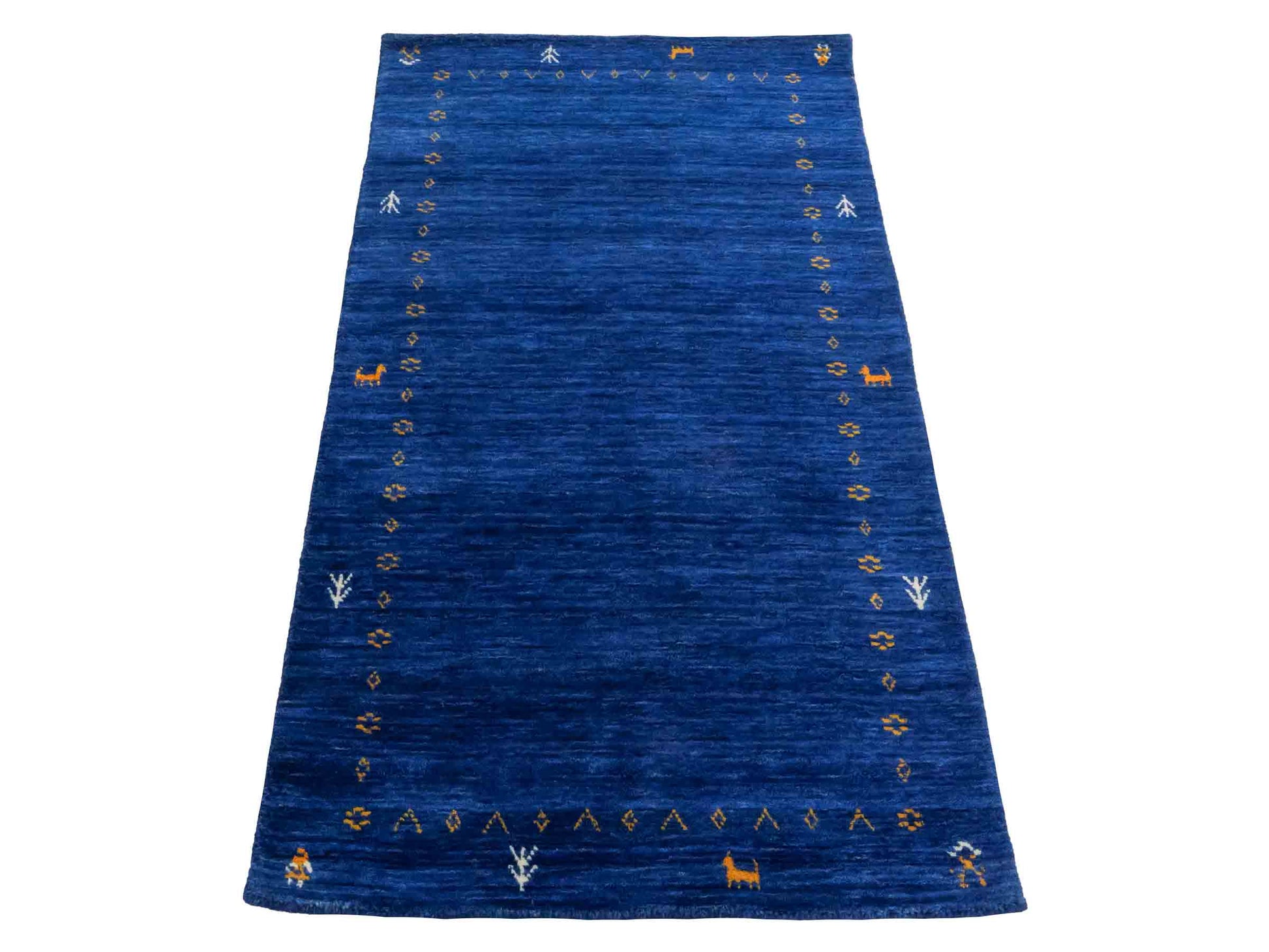 Moderner, Handloom Lori Gabbeh Orientteppich von Khademi aus Wolle, blau. Geometrisches Nomaden-Design. Produziert in Indien. Größe: 150x80cm. Teppichnummer: KB4-1515. Verkauf durch Jupiter Intl.