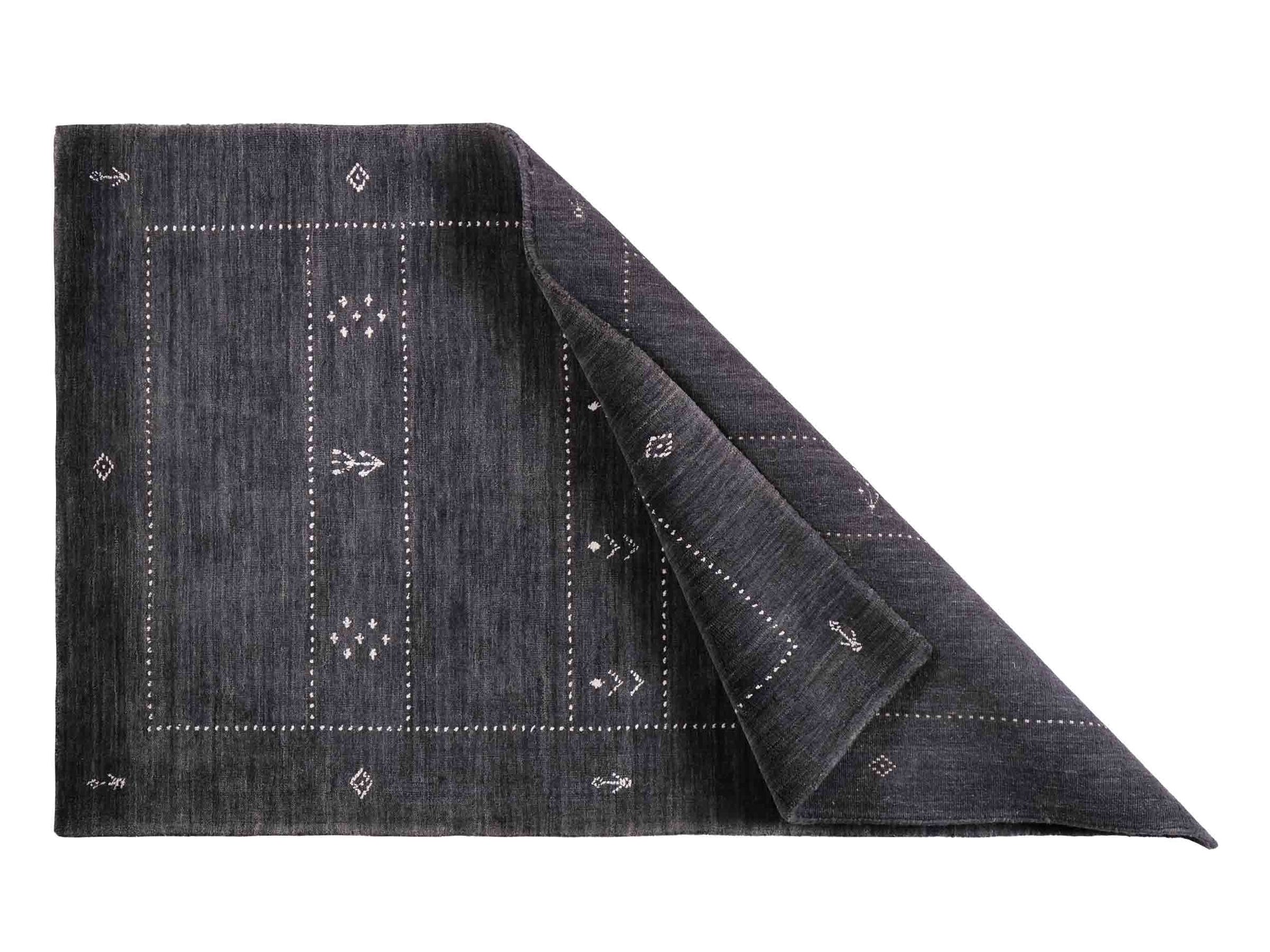 Moderner, Handloom Lori Gabbeh Orientteppich von Khademi aus Wolle, anthrazit. Geometrisches Nomaden-Design. Produziert in Indien. Größe: 152x91cm. Teppichnummer: KB4-1545. Verkauf durch Jupiter Intl.