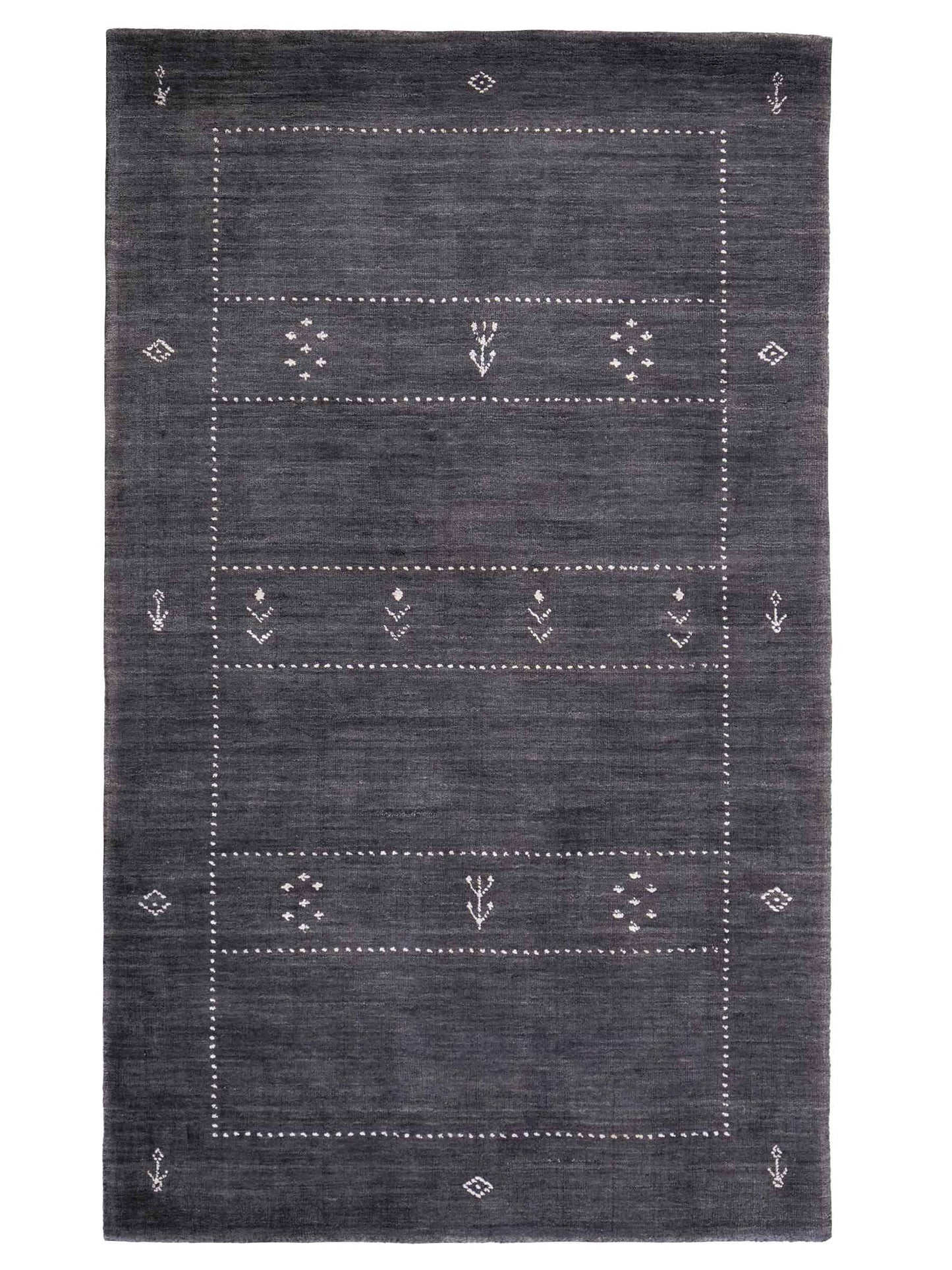 Moderner, Handloom Lori Gabbeh Orientteppich von Khademi aus Wolle, anthrazit. Nomaden-Design. Produziert in Indien. Größe: 152x92cm. Teppichnummer: KB4-1543. Verkauf durch Jupiter Intl.