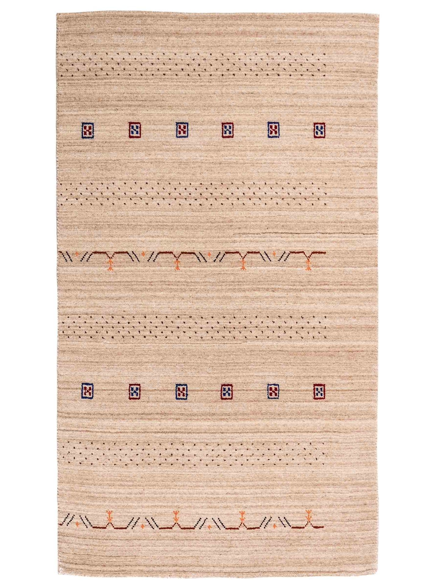 Moderner, Handloom Lori Orientteppich von Khademi aus Wolle, cremeweiß. Geometrisches Design. Produziert in Indien. Größe: 153x83cm. Teppichnummer: KB4-1529. Verkauf durch Jupiter Intl.