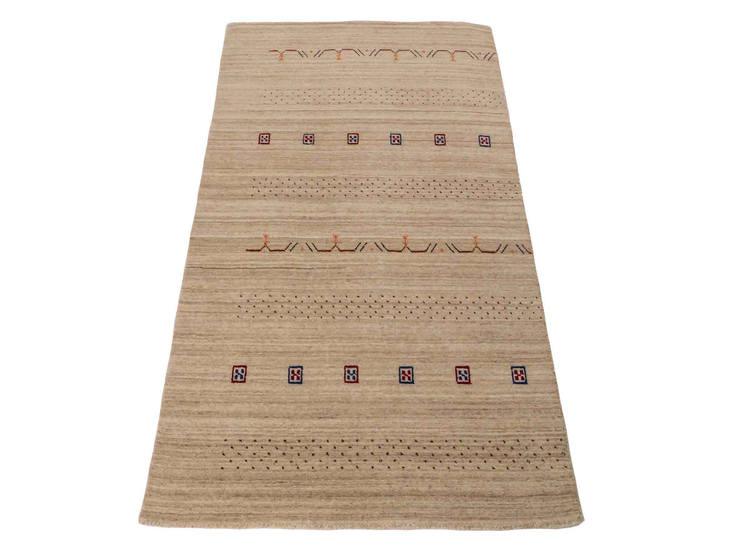 Moderner, Handloom Lori Orientteppich von Khademi aus Wolle, cremeweiß. Geometrisches Design. Produziert in Indien. Größe: 153x83cm. Teppichnummer: KB4-1529. Verkauf durch Jupiter Intl.