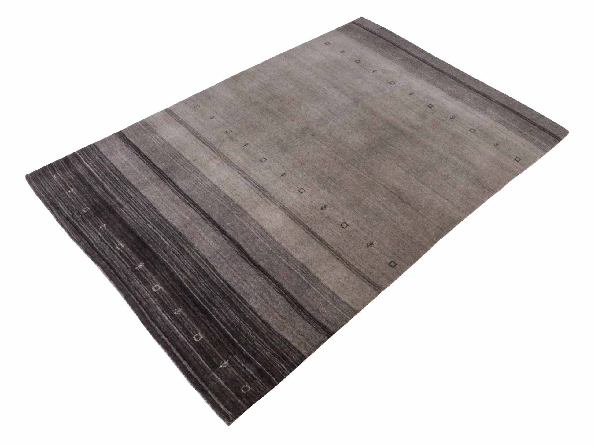 Moderner, Handloom Lori Gabbeh Orientteppich von Khademi aus Wolle, grau, greige. Geometrisches Nomaden-Design. Produziert in Indien. Größe: 180x116cm. Teppichnummer: KB4-1800. Verkauf durch Jupiter Intl.