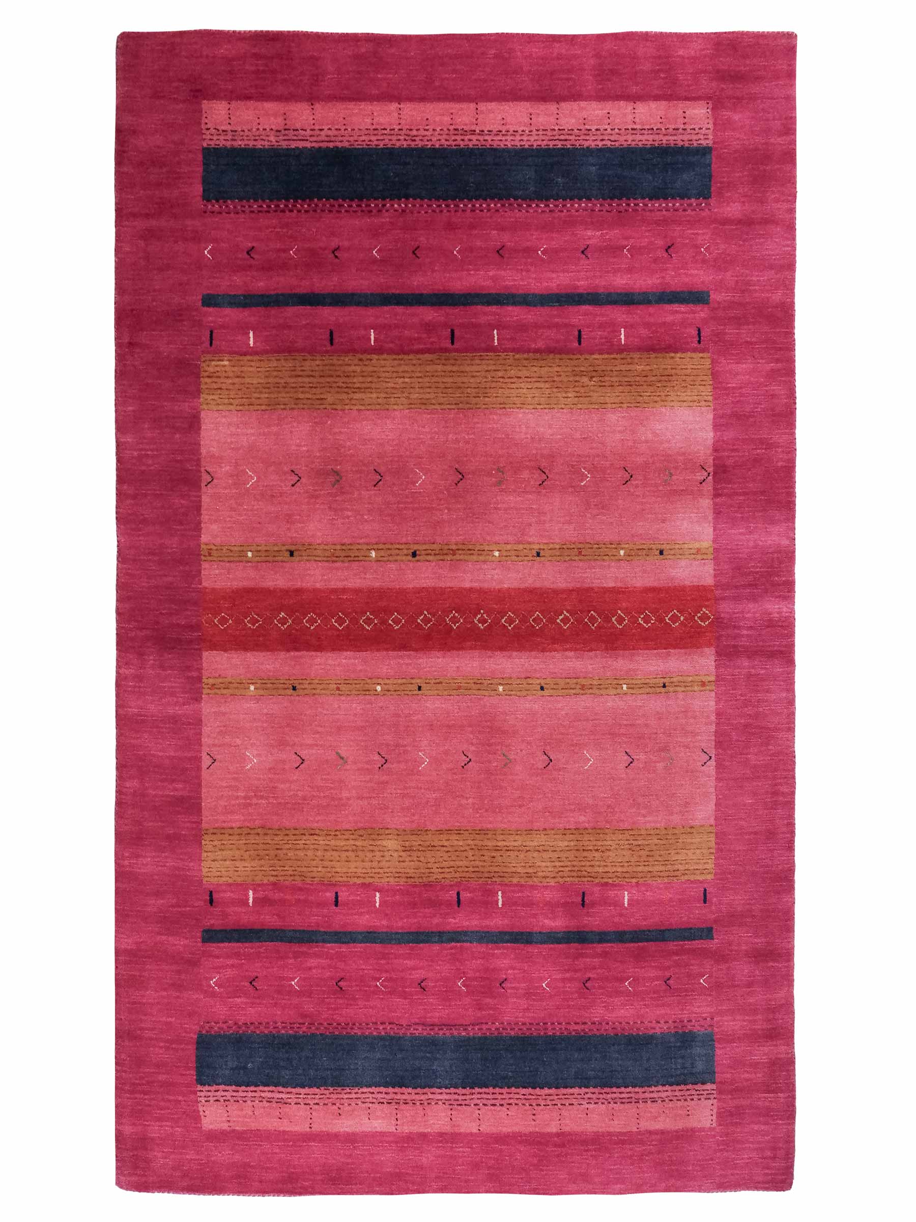 Moderner, Handloom Lori Gabbeh Orientteppich von Khademi aus Wolle, violett, rosa. Geometrisches Nomaden-Design. Produziert in Indien. Größe: 181x120cm. Teppichnummer: KB4-1801. Verkauf durch Jupiter Intl.