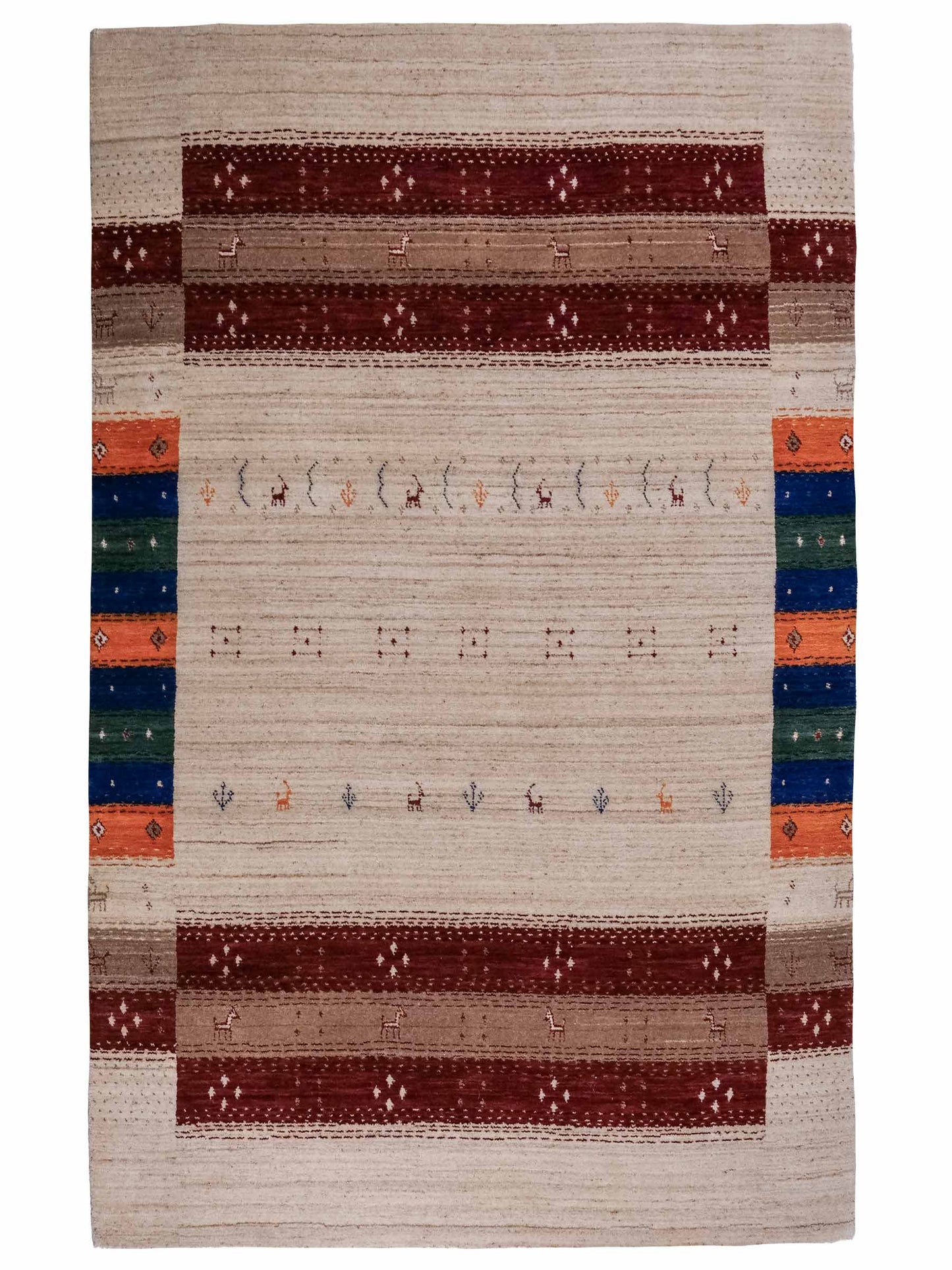 Moderner, Handloom Lori Gabbeh Orientteppich von Khademi aus Wolle, cremeweiß, mehrfarbig. Geometrisches Nomaden-Design. Produziert in Indien. Größe: 182x120cm. Teppichnummer: KB4-1799. Verkauf durch Jupiter Intl.
