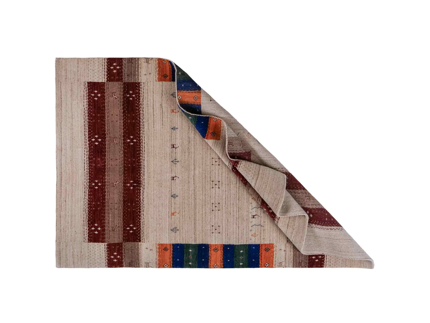 Moderner, Handloom Lori Gabbeh Orientteppich von Khademi aus Wolle, cremeweiß, mehrfarbig. Geometrisches Nomaden-Design. Produziert in Indien. Größe: 182x120cm. Teppichnummer: KB4-1799. Verkauf durch Jupiter Intl.