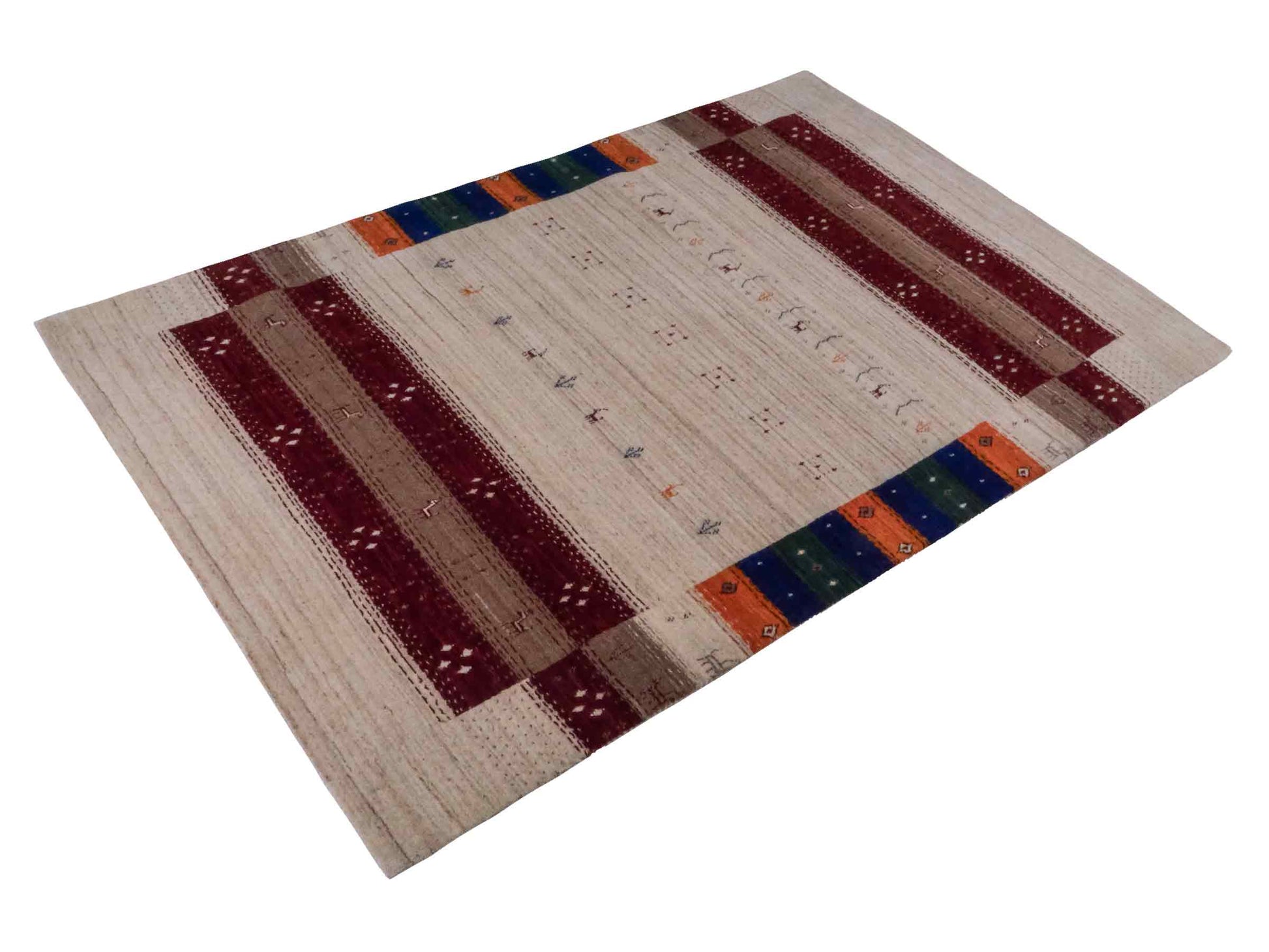 Moderner, Handloom Lori Gabbeh Orientteppich von Khademi aus Wolle, cremeweiß, mehrfarbig. Geometrisches Nomaden-Design. Produziert in Indien. Größe: 182x120cm. Teppichnummer: KB4-1799. Verkauf durch Jupiter Intl.