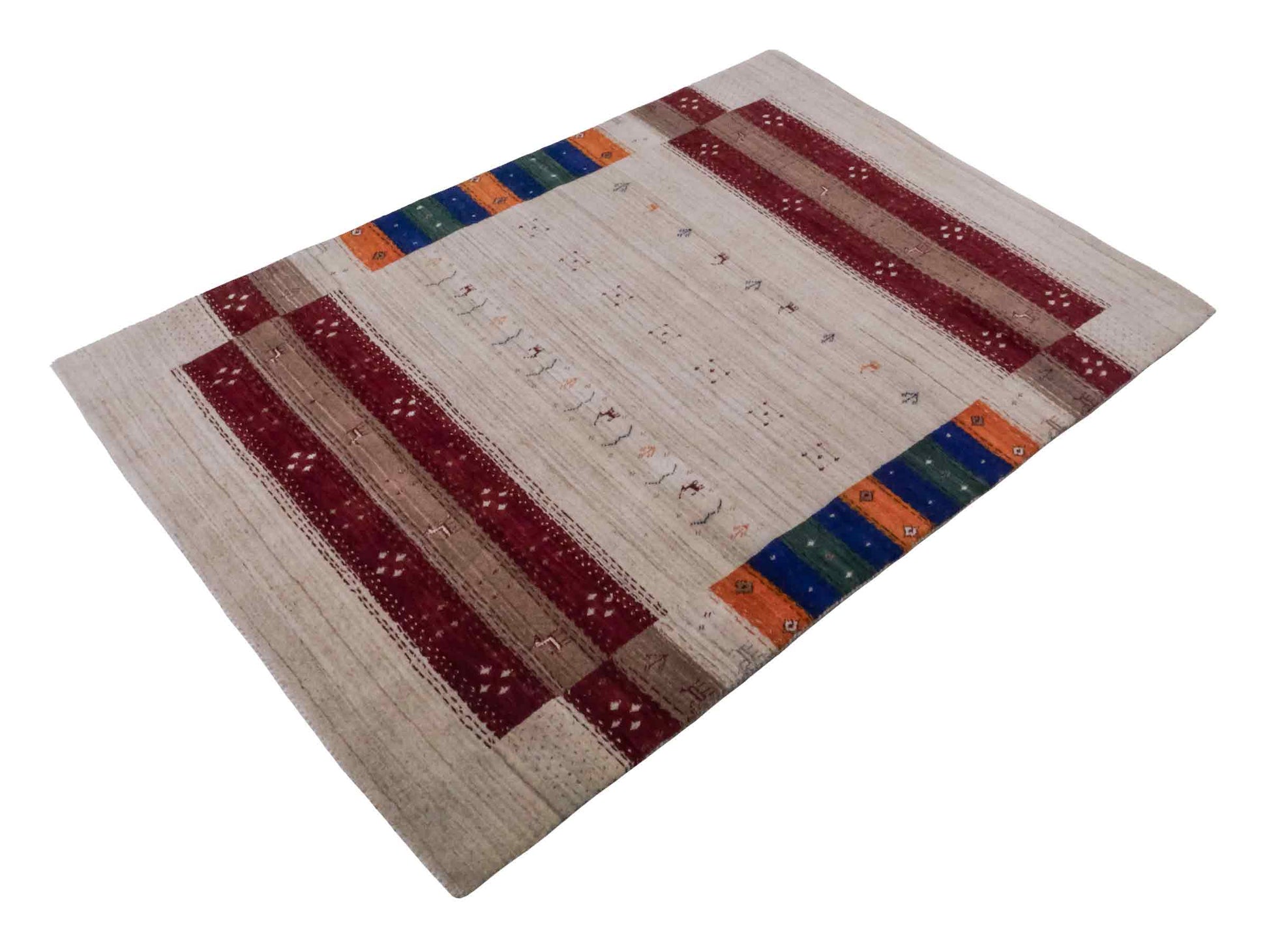 Moderner, Handloom Lori Gabbeh Orientteppich von Khademi aus Wolle, cremeweiß, mehrfarbig. Geometrisches Nomaden-Design. Produziert in Indien. Größe: 182x120cm. Teppichnummer: KB4-1799. Verkauf durch Jupiter Intl.