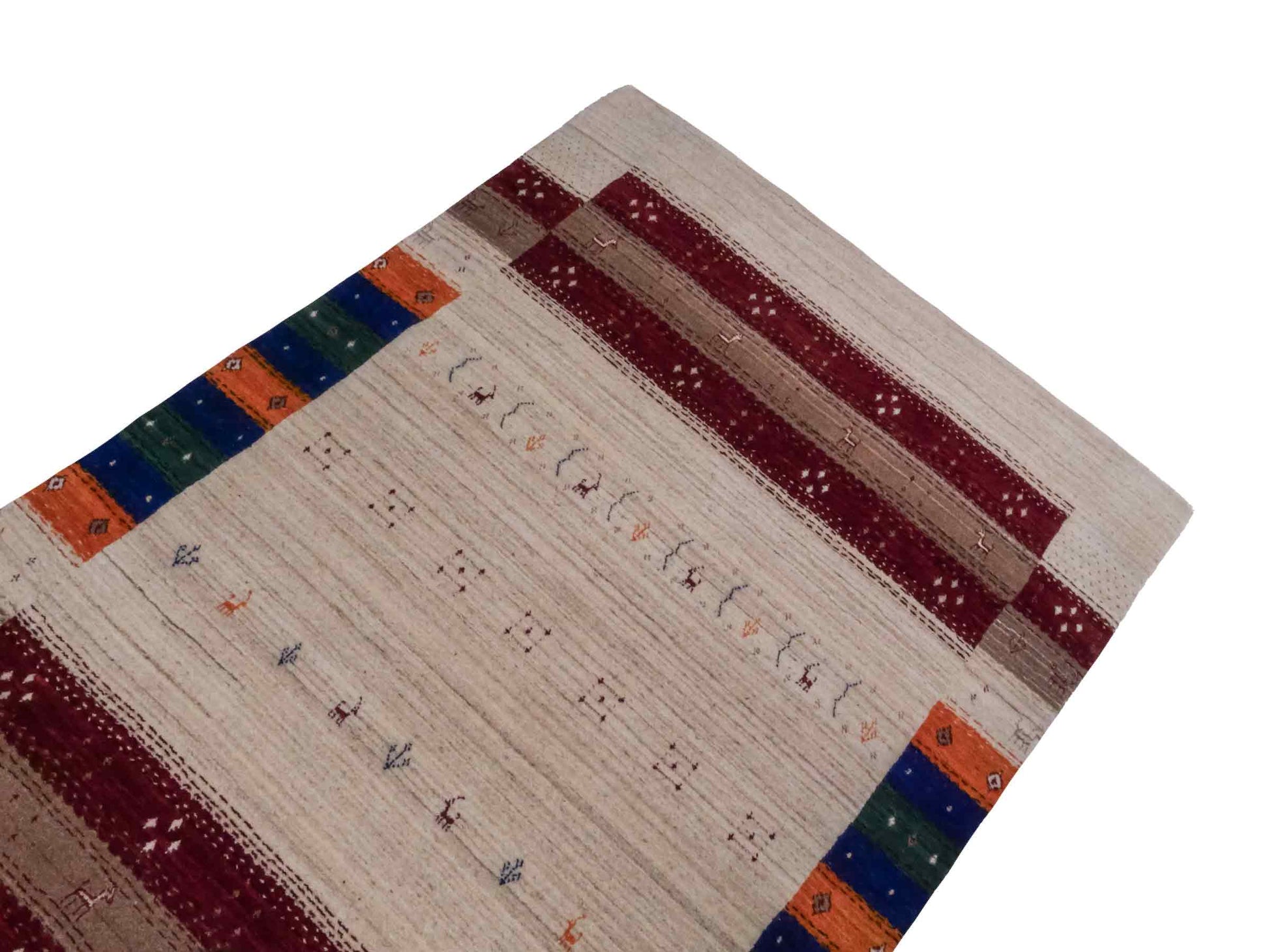 Moderner, Handloom Lori Gabbeh Orientteppich von Khademi aus Wolle, cremeweiß, mehrfarbig. Geometrisches Nomaden-Design. Produziert in Indien. Größe: 182x120cm. Teppichnummer: KB4-1799. Verkauf durch Jupiter Intl.