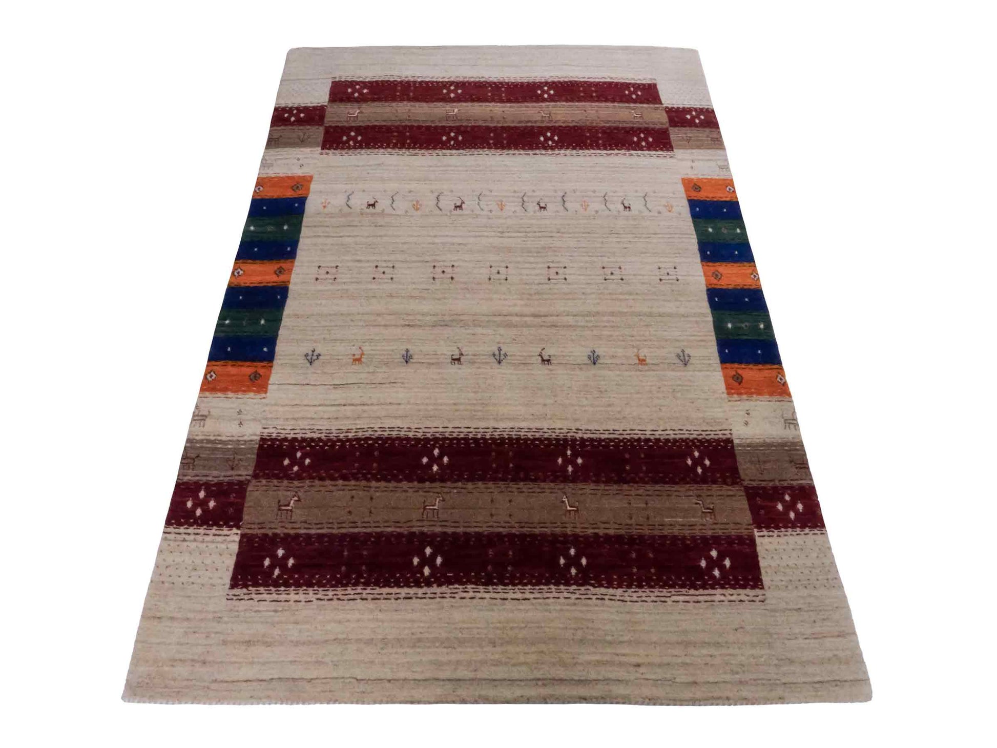 Moderner, Handloom Lori Gabbeh Orientteppich von Khademi aus Wolle, cremeweiß, mehrfarbig. Geometrisches Nomaden-Design. Produziert in Indien. Größe: 182x120cm. Teppichnummer: KB4-1799. Verkauf durch Jupiter Intl.