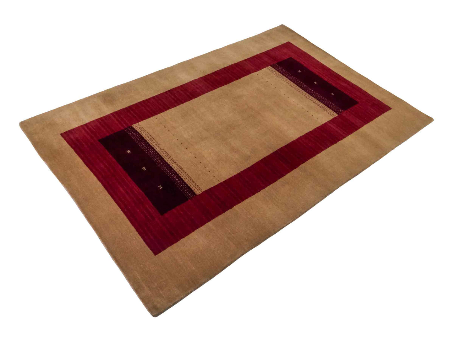 Moderner, Handloom Lori Gabbeh Orientteppich von Khademi aus Wolle, beige, rot. Geometrisches Nomaden-Design. Produziert in Indien. Größe: 182x121cm. Teppichnummer: KB4-1802. Verkauf durch Jupiter Intl.