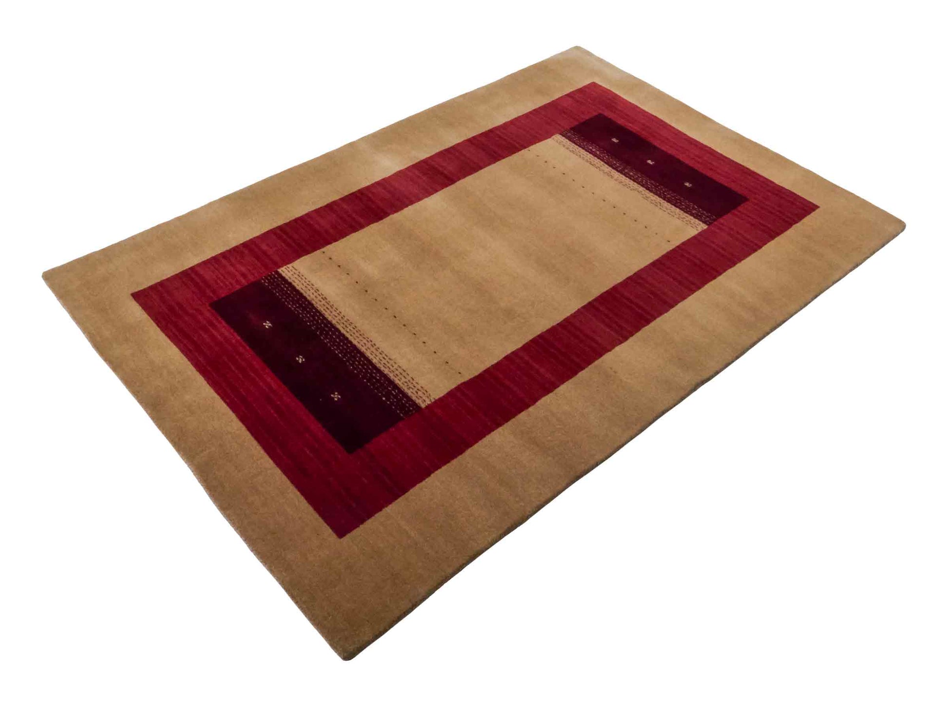 Moderner, Handloom Lori Gabbeh Orientteppich von Khademi aus Wolle, beige, rot. Geometrisches Nomaden-Design. Produziert in Indien. Größe: 182x121cm. Teppichnummer: KB4-1802. Verkauf durch Jupiter Intl.